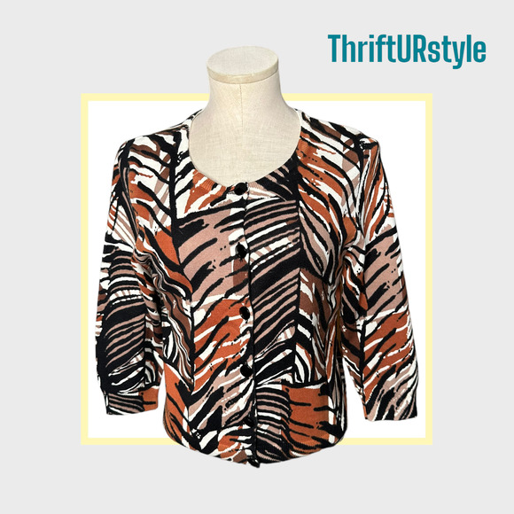Abstract Print Cardigan Sweater Brown Black Orange White 3/4 Sleeve Top - Picture 1 of 8